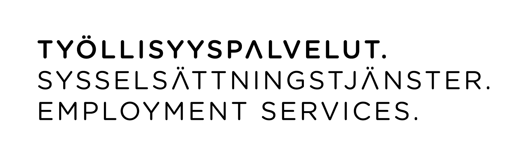 Työllisyyspalvelujen logo suomeksi, ruotsiksi ja englanniksi